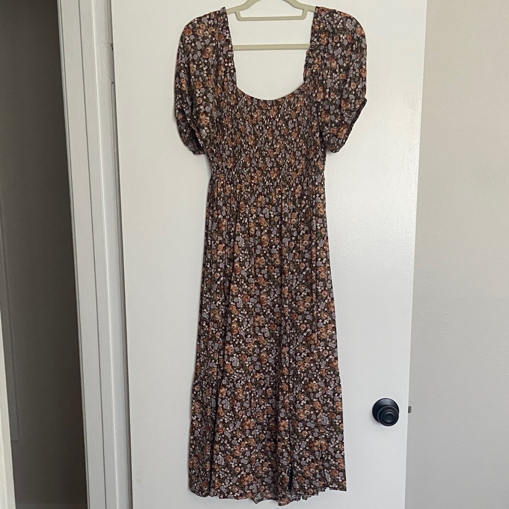 Floral Puff-Sleeve Square Neck Midi Dress - Brown Floral